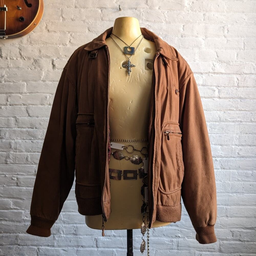Vintage Brown Genuine Leather Bomber Jacket Aviator Earthtone Pilot Neutral Coat - Picture 8 of 10
